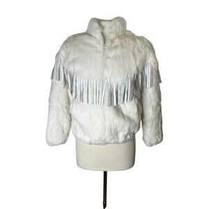 Vintage Niki Fur Bomber Jacket 80s White Real Rabbit w Leather Fringe EUC Luxury